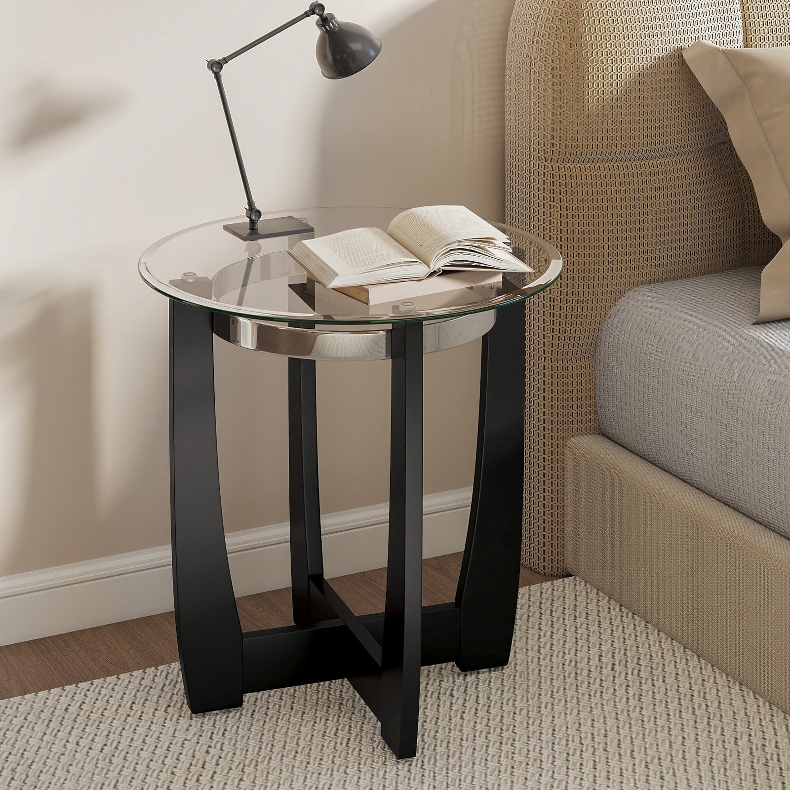 24 Inches Round Side Table with Tempered Glass Top and Solid Rubber Wood Base-Black