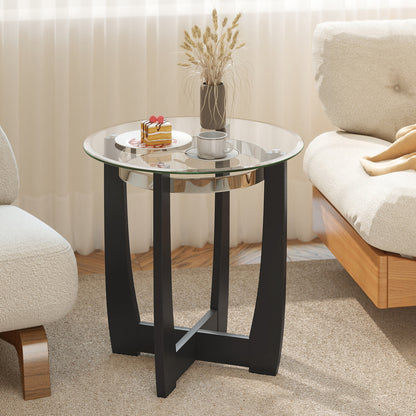 24 Inches Round Side Table with Tempered Glass Top and Solid Rubber Wood Base-Black