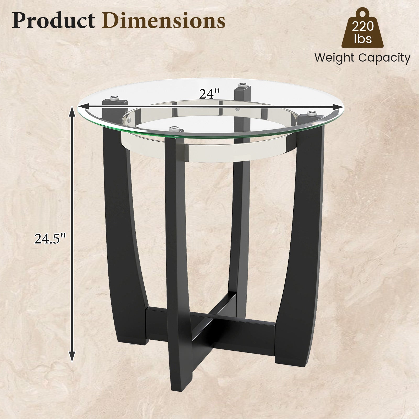 24 Inches Round Side Table with Tempered Glass Top and Solid Rubber Wood Base-Black