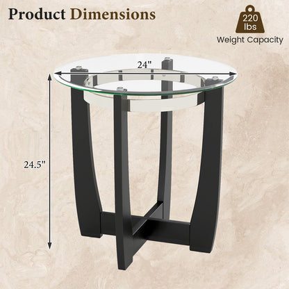 24 Inches Round Side Table with Tempered Glass Top and Solid Rubber Wood Base-Black
