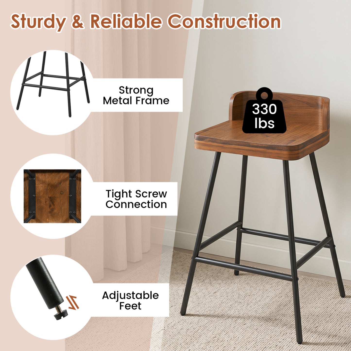 24" Bar Stool with Low Back and Footrest - Walnut