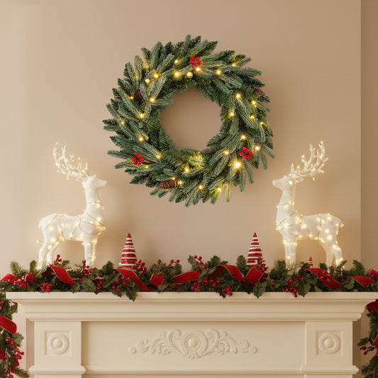 24‚Äù Pre-lit Christmas Wreath Front Door Artificial Xmas Wreath with 90 Frosted Branch Tips
