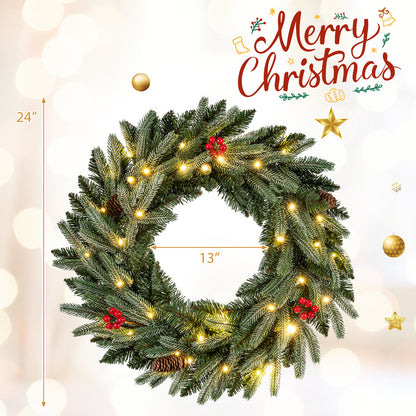 24‚Äù Pre-lit Christmas Wreath Front Door Artificial Xmas Wreath with 90 Frosted Branch Tips