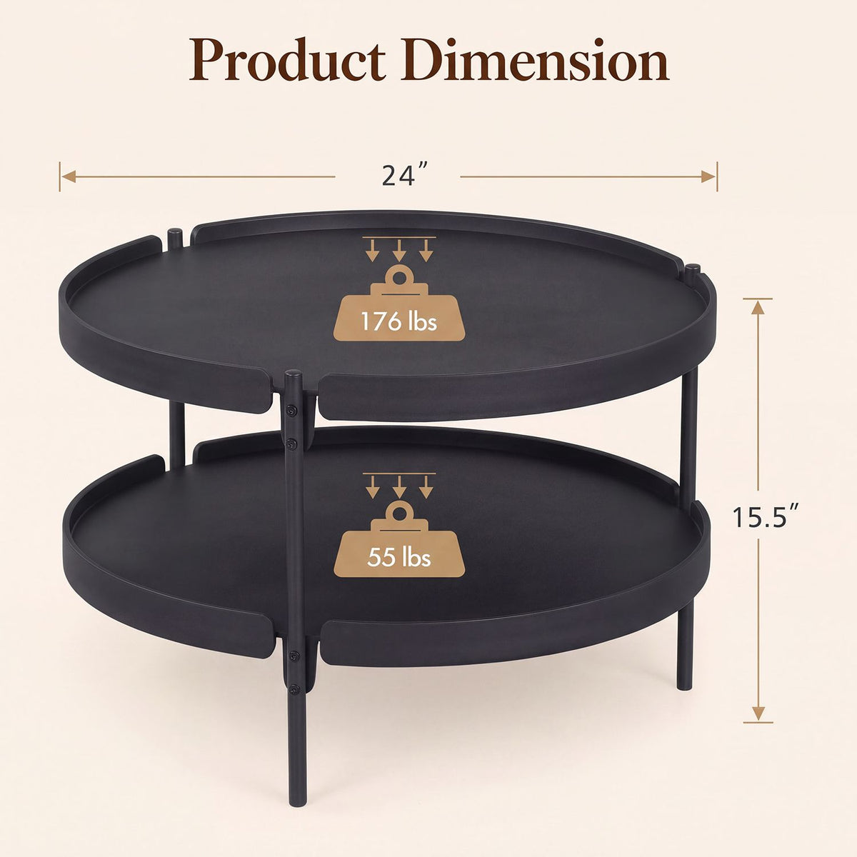 24" Round Coffee Table Plastic Side Table with Metal Legs