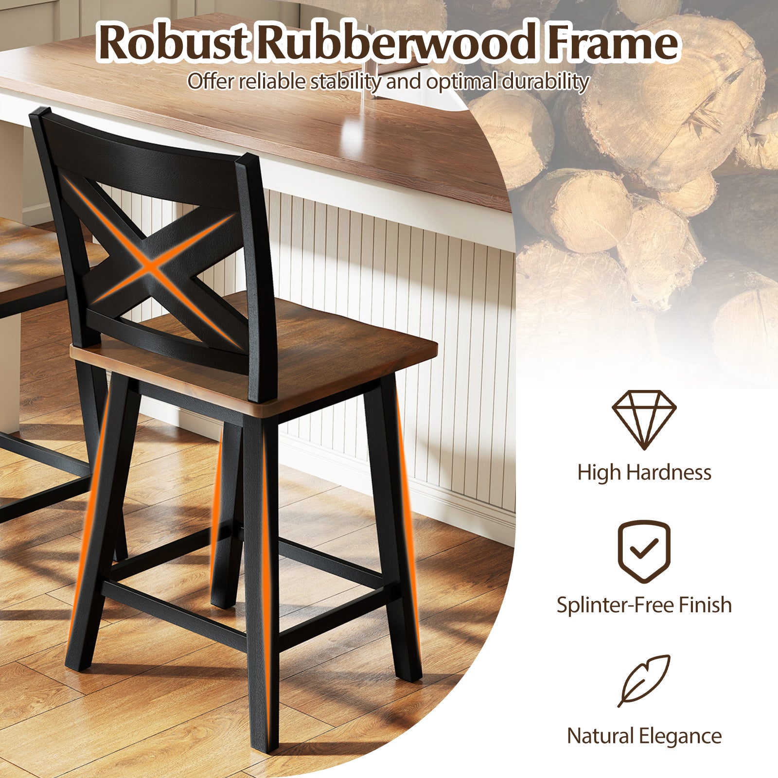 24" Rubberwood Swivel Barstools Set of 4 with Backrest and Large Seat-Black