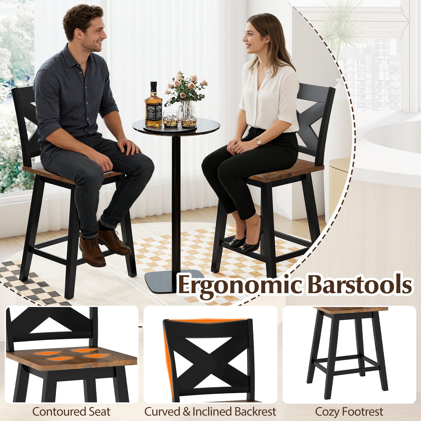 24" Rubberwood Swivel Barstools Set of 4 with Backrest and Large Seat-Black