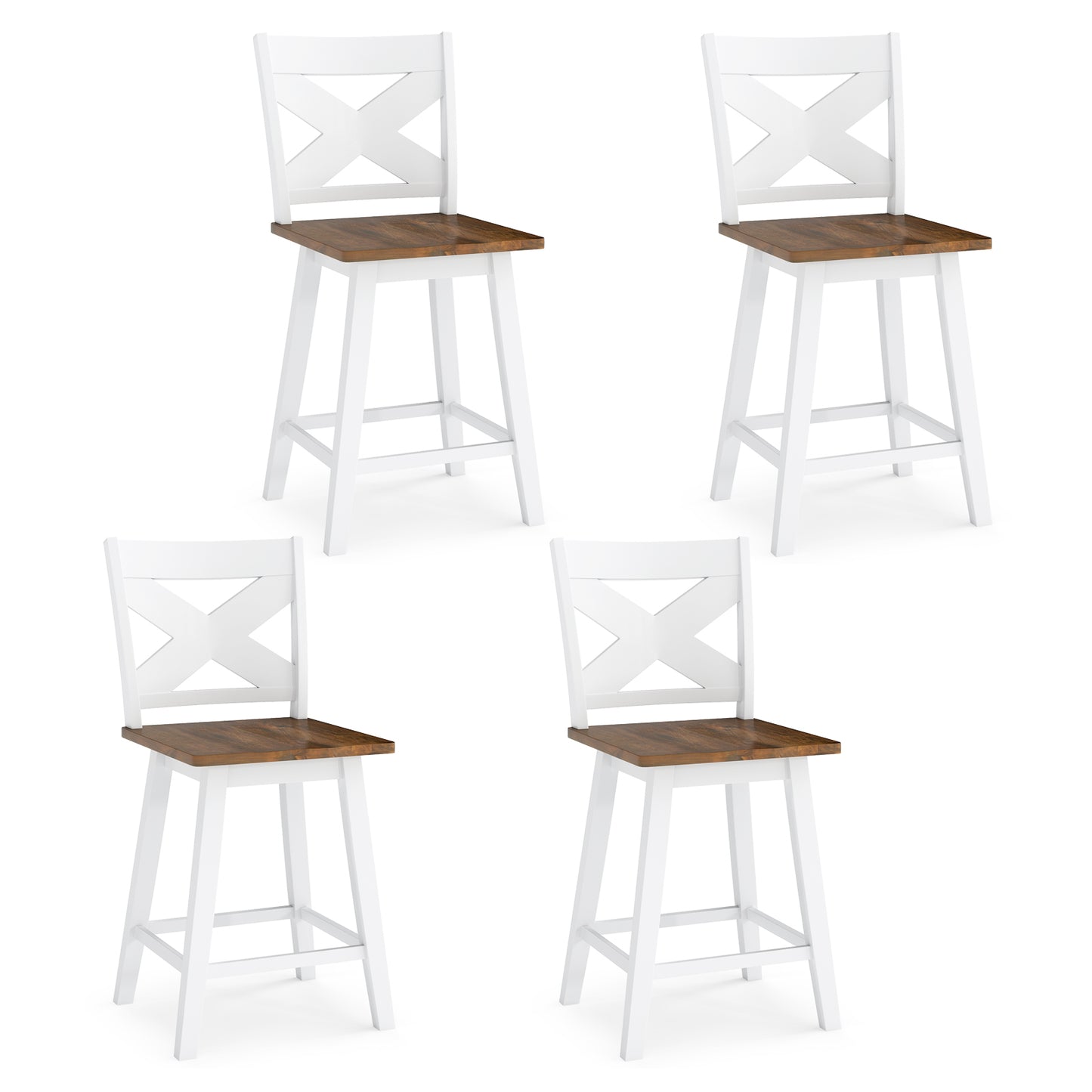 24" Rubberwood Swivel Barstools Set of 4 with Backrest and Large Seat-White