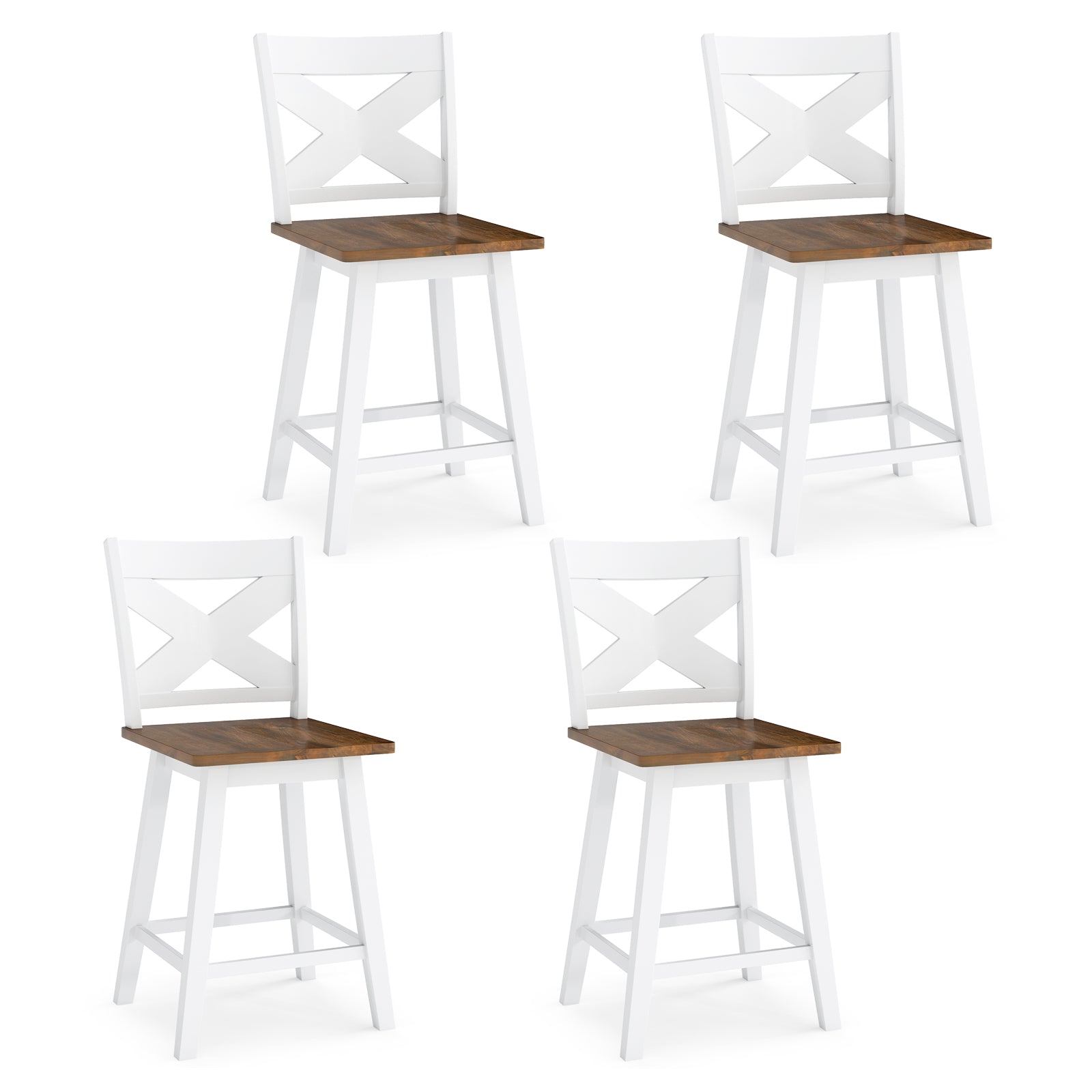 24" Rubberwood Swivel Barstools Set of 4 with Backrest and Large Seat-White