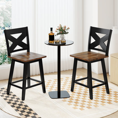 24" Rubberwood Swivel Barstools Set of 2 with Backrest and Large Seat-Black