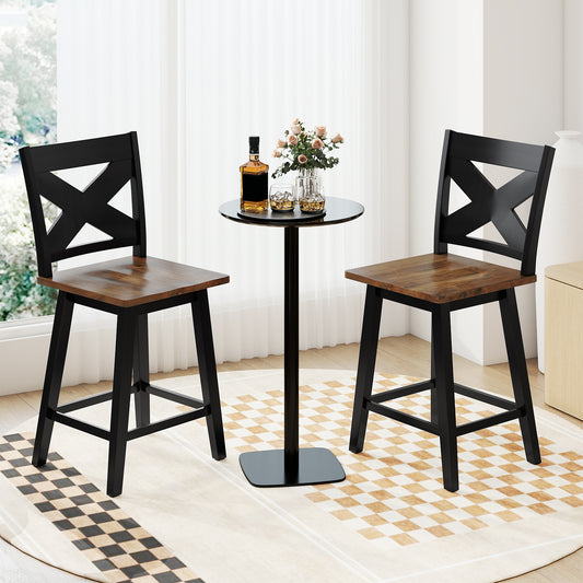 24" Rubberwood Swivel Barstools Set of 2 with Backrest and Large Seat-Black