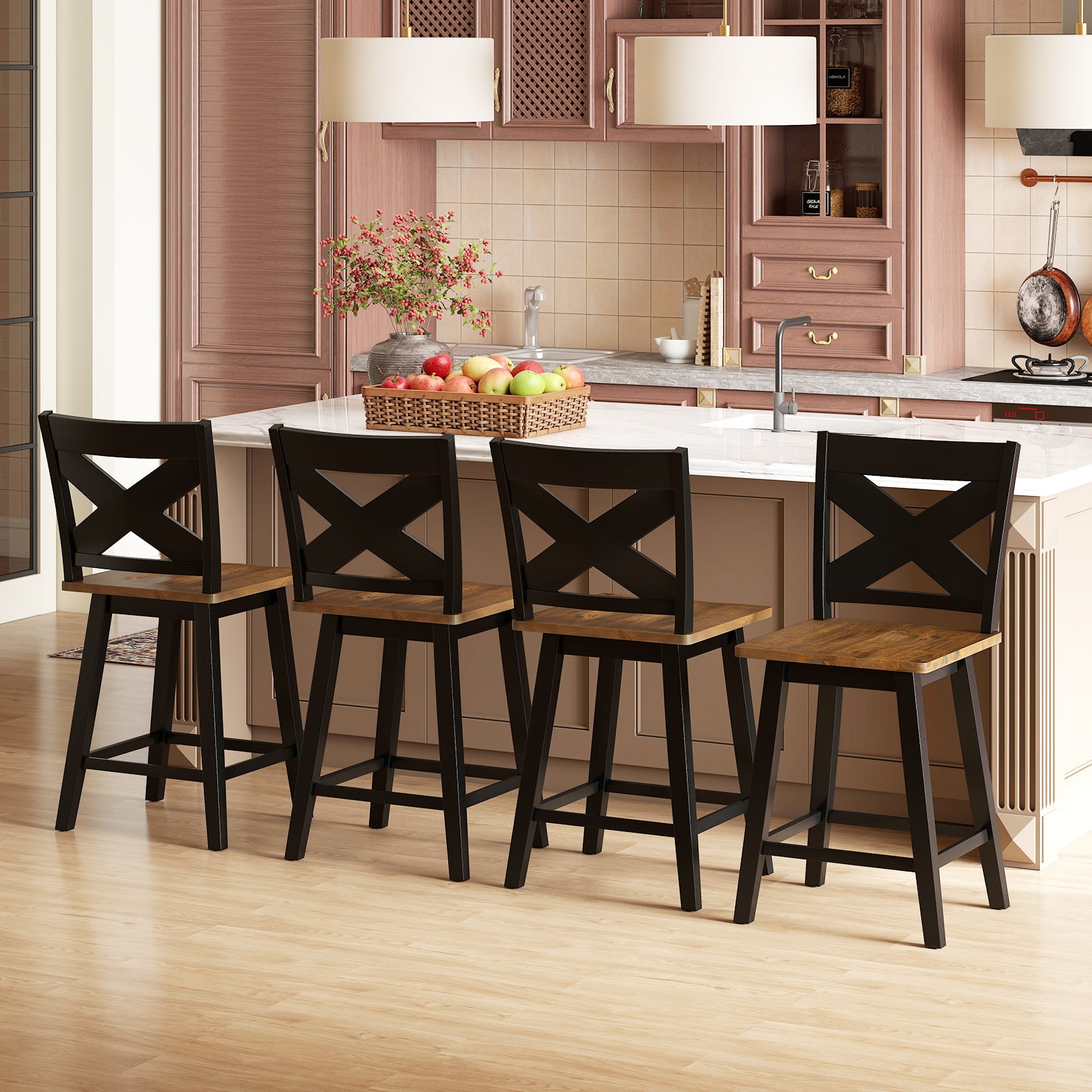 24" Rubberwood Swivel Barstools Set of 2 with Backrest and Large Seat-Black