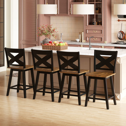 24" Rubberwood Swivel Barstools Set of 2 with Backrest and Large Seat-Black