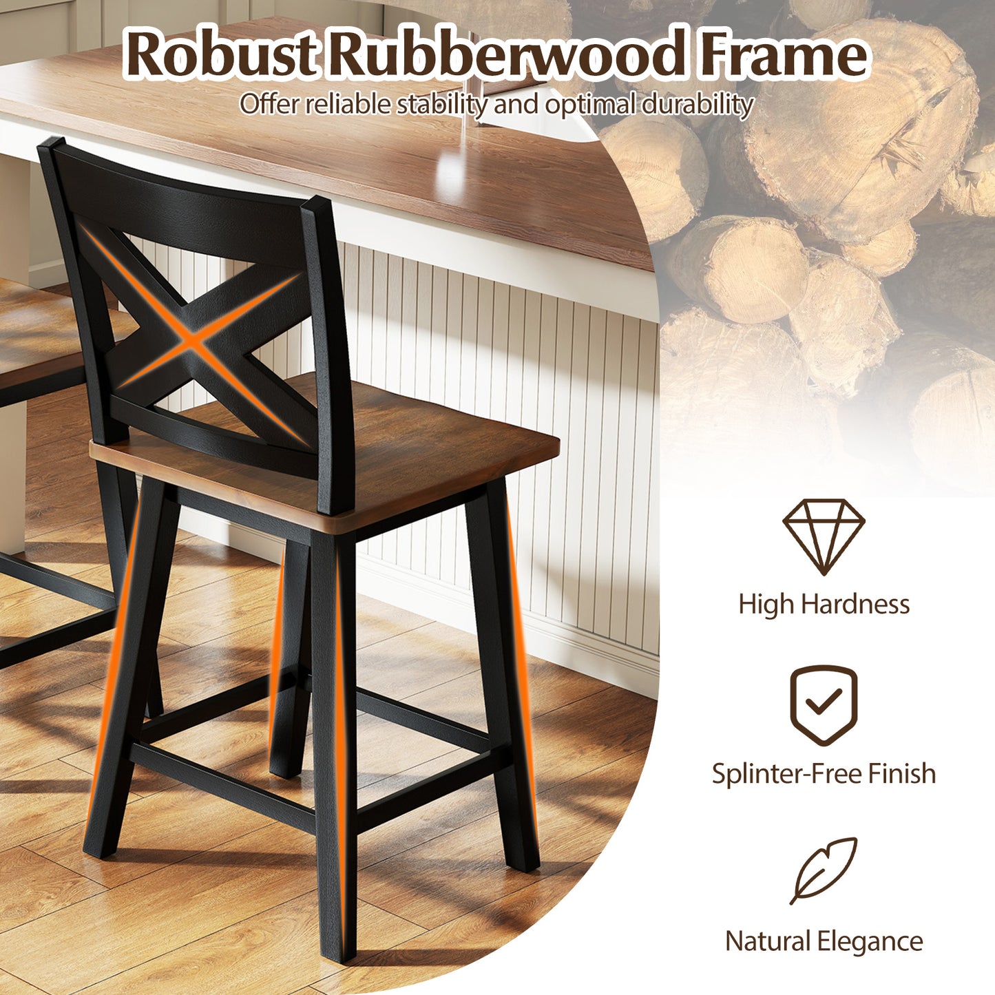 24" Rubberwood Swivel Barstools Set of 2 with Backrest and Large Seat-Black