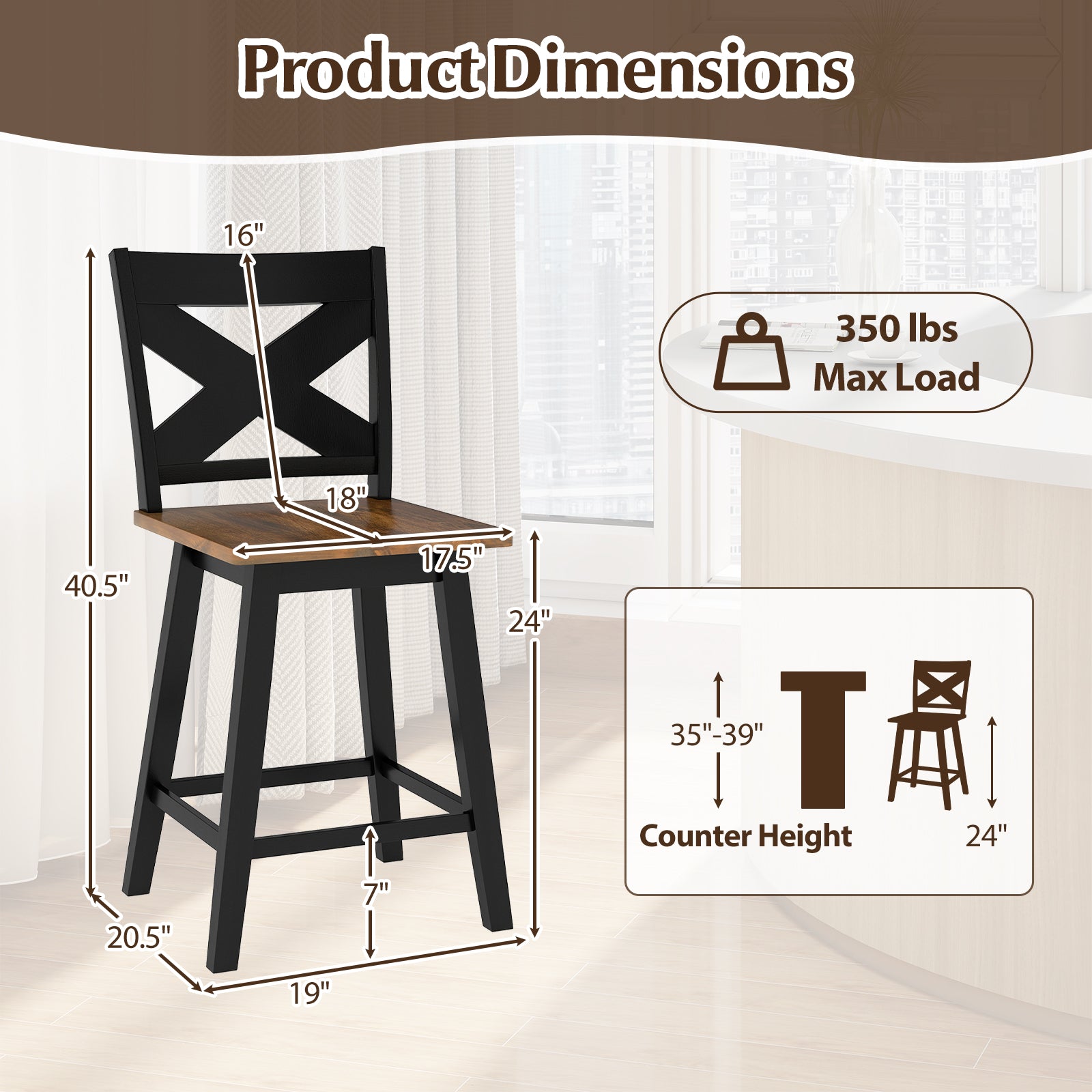 24" Rubberwood Swivel Barstools Set of 2 with Backrest and Large Seat-Black