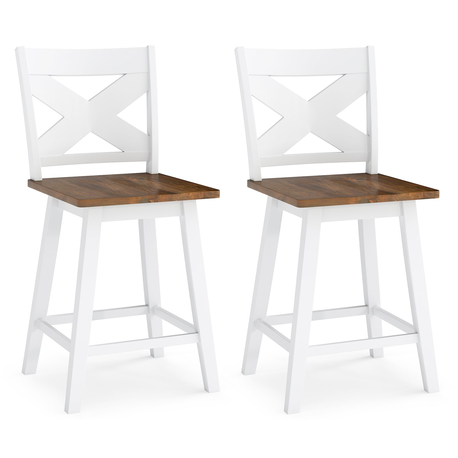 24" Rubberwood Swivel Barstools Set of 2 with Backrest and Large Seat-White