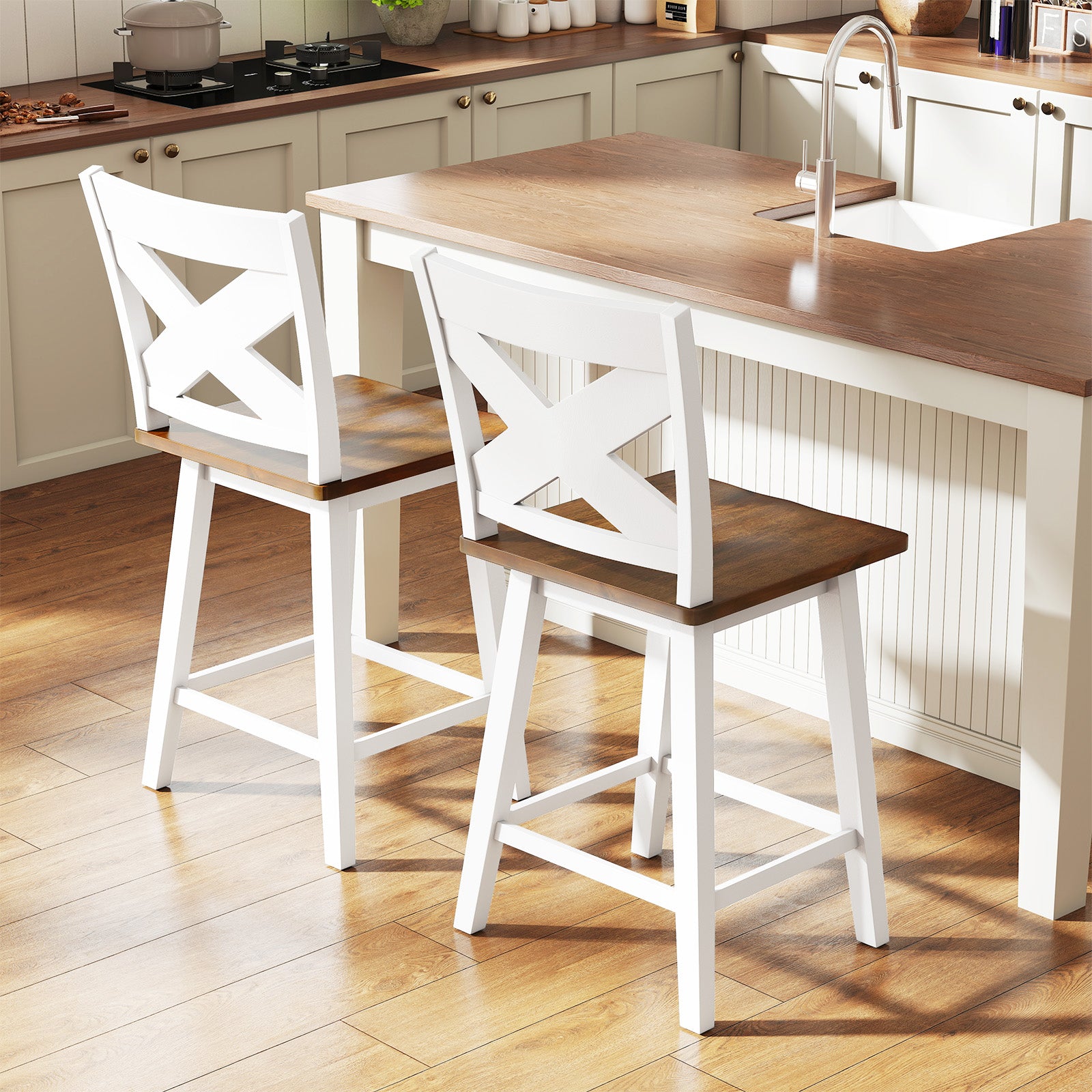 24" Rubberwood Swivel Barstools Set of 2 with Backrest and Large Seat-White