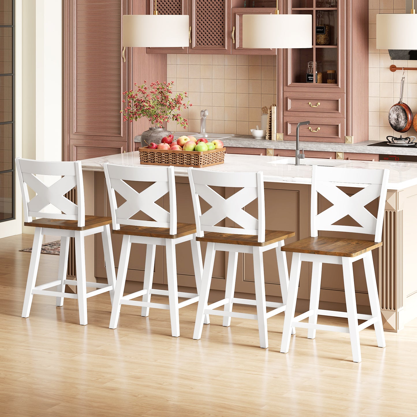 24" Rubberwood Swivel Barstools Set of 2 with Backrest and Large Seat-White