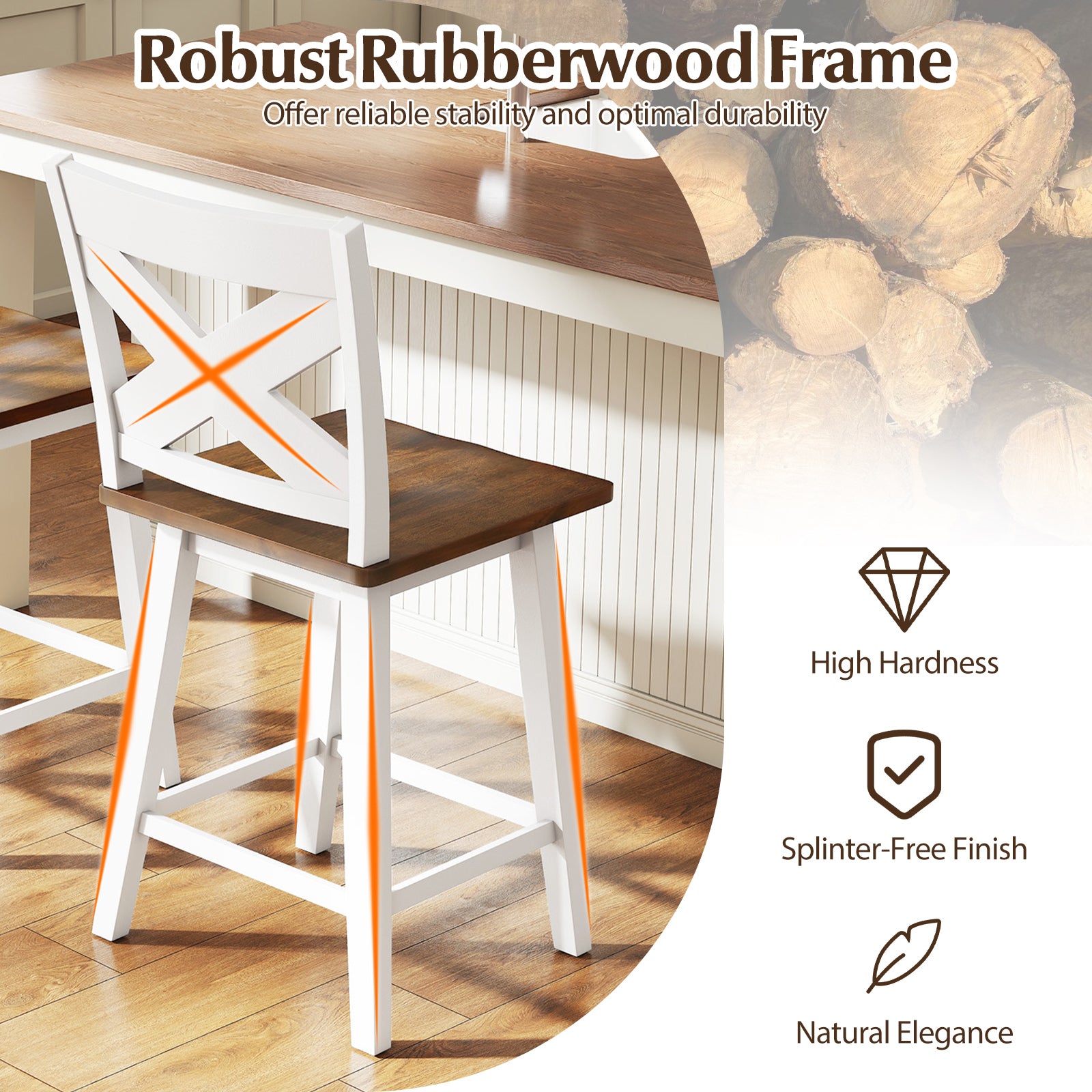 24" Rubberwood Swivel Barstools Set of 2 with Backrest and Large Seat-White