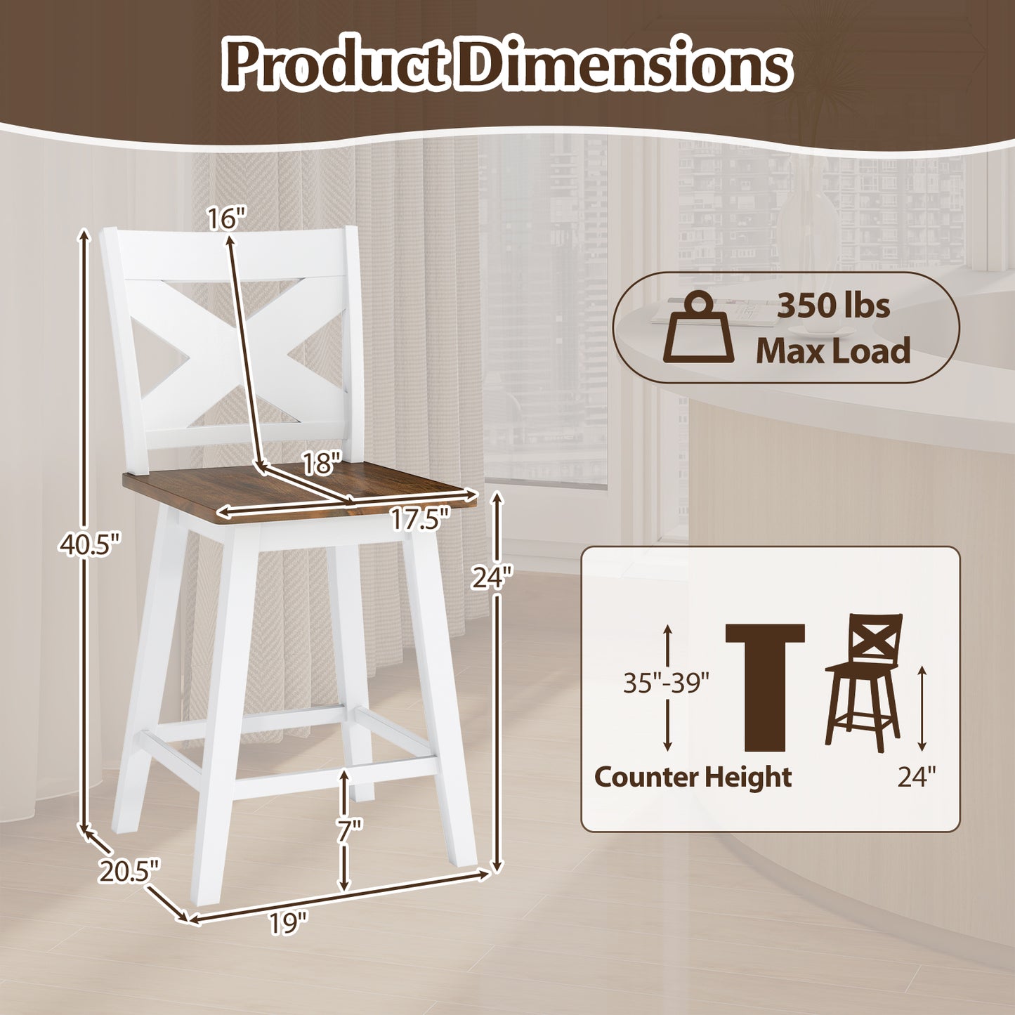 24" Rubberwood Swivel Barstools Set of 2 with Backrest and Large Seat-White