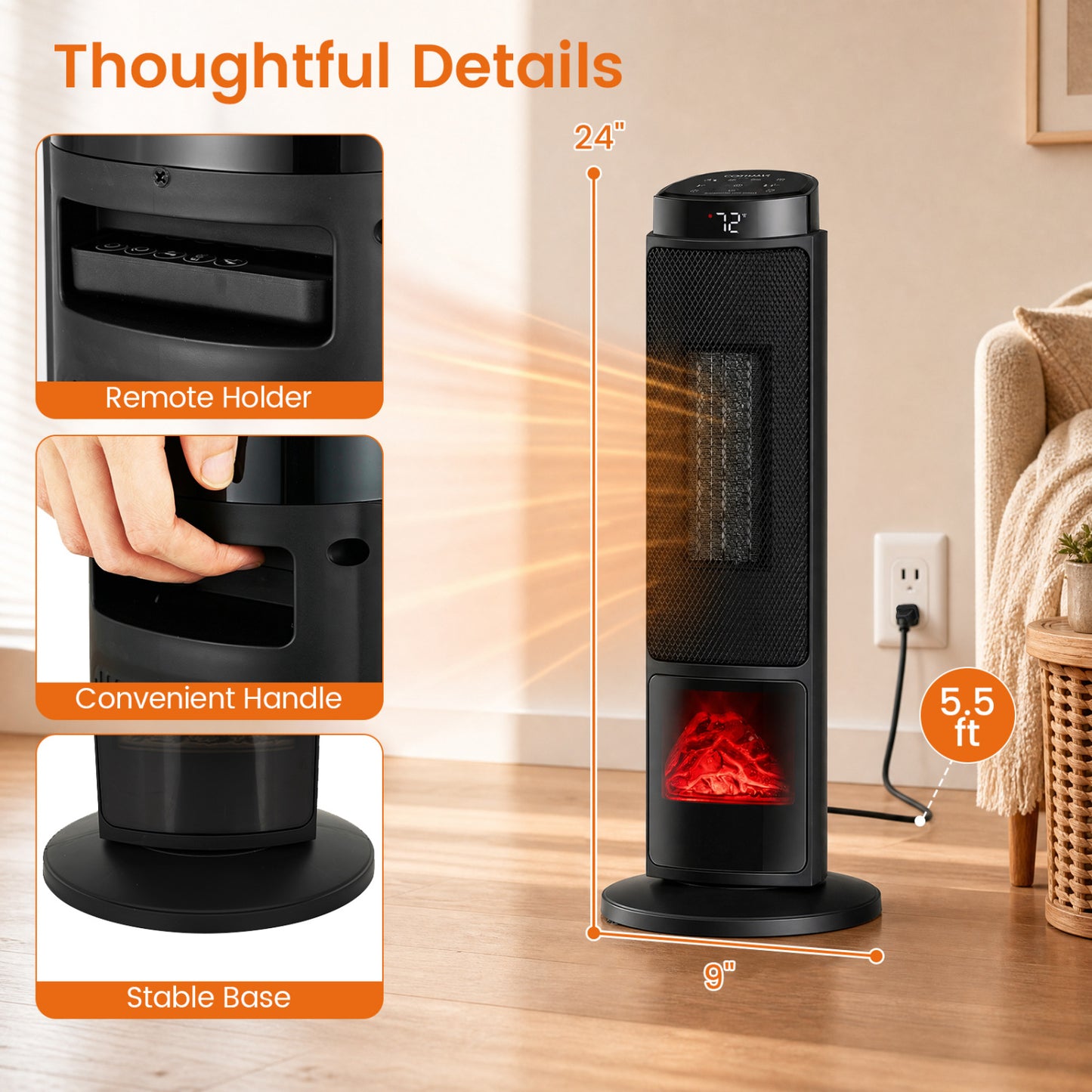 24-Inch PTC Ceramic Tower Space Heater with 7-Color Flame