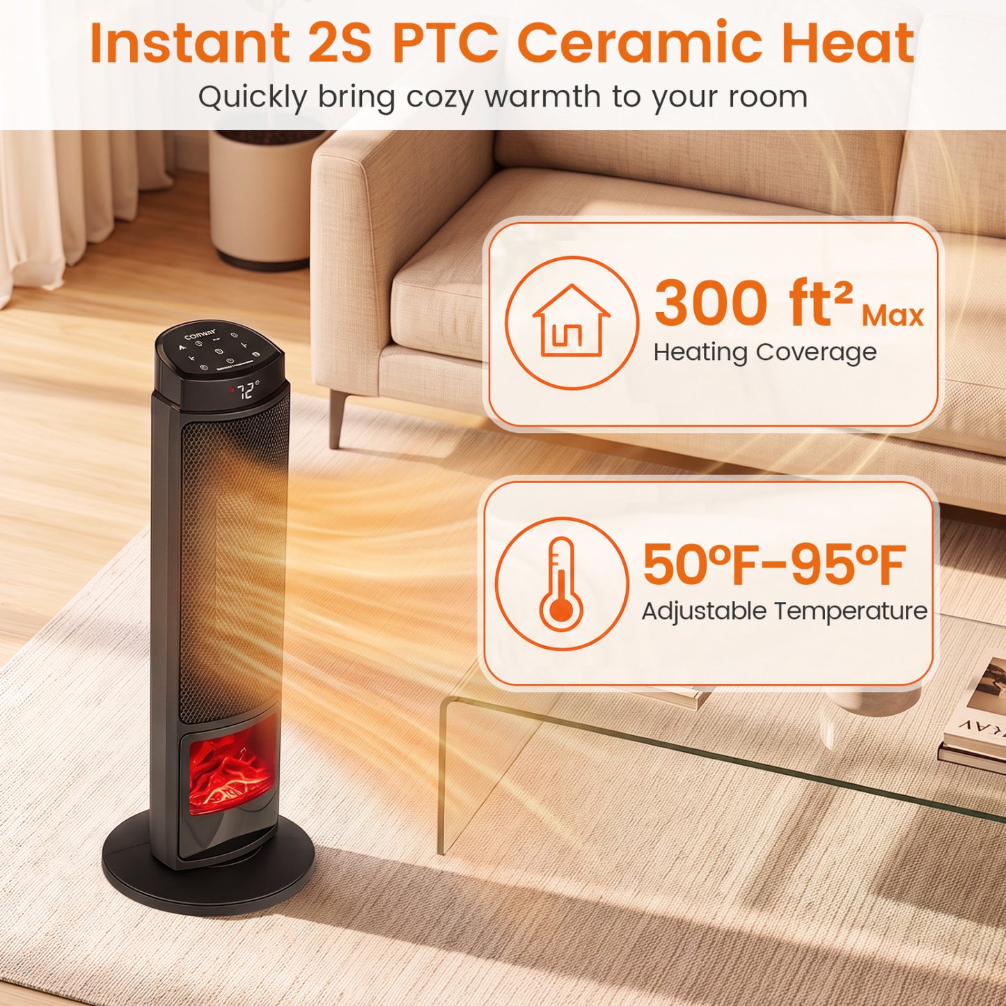 24-Inch PTC Ceramic Tower Space Heater with 7-Color Flame