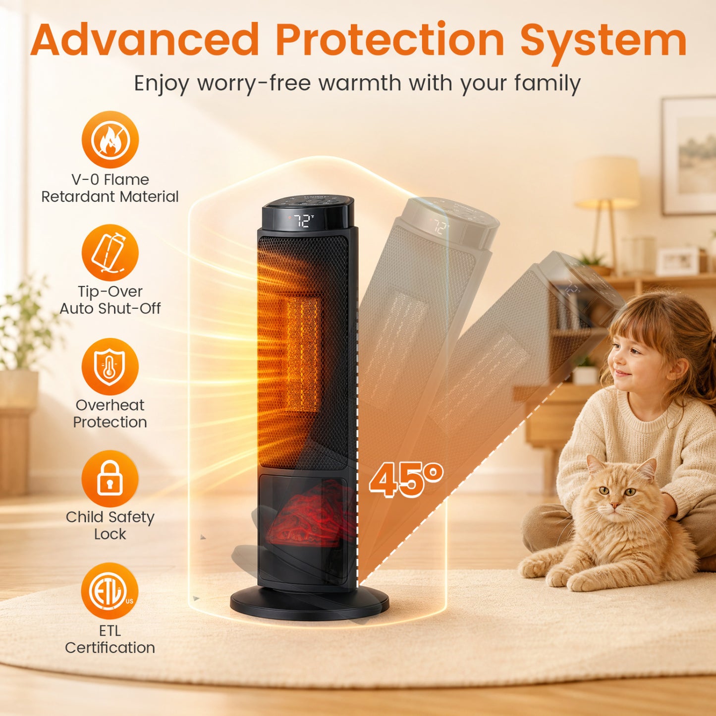 24-Inch PTC Ceramic Tower Space Heater with 7-Color Flame