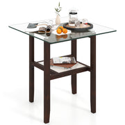 24 Inch 2-Tier Square Glass Coffee Table Center Table with Storage Shelf-Brown