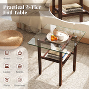 24 Inch 2-Tier Square Glass Coffee Table Center Table with Storage Shelf-Brown