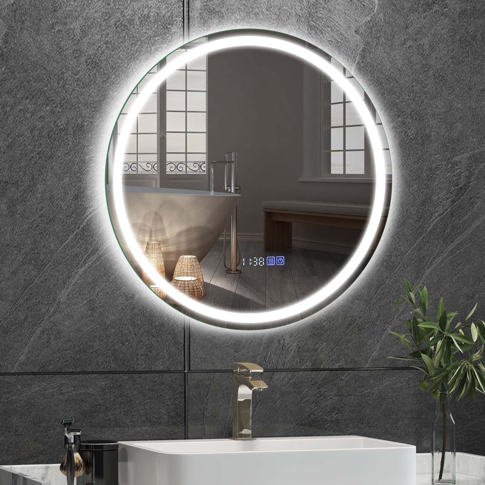 24 Inch Anti-Fog Bathroom Wall Mirror with 3-Color LED Lights and Temperature Display