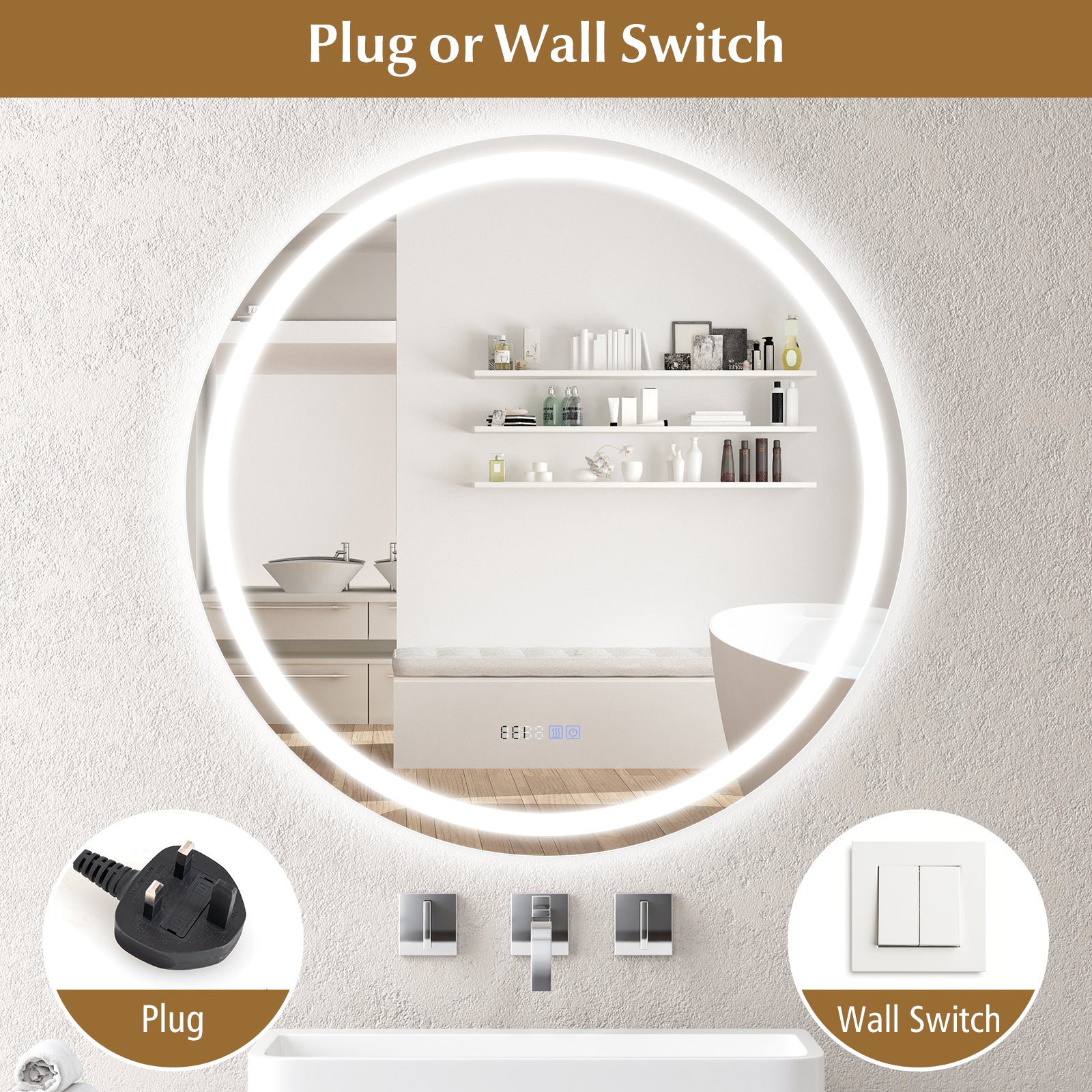 32 Inch Anti-Fog Bathroom Wall Mirror with 3-Color LED Lights
