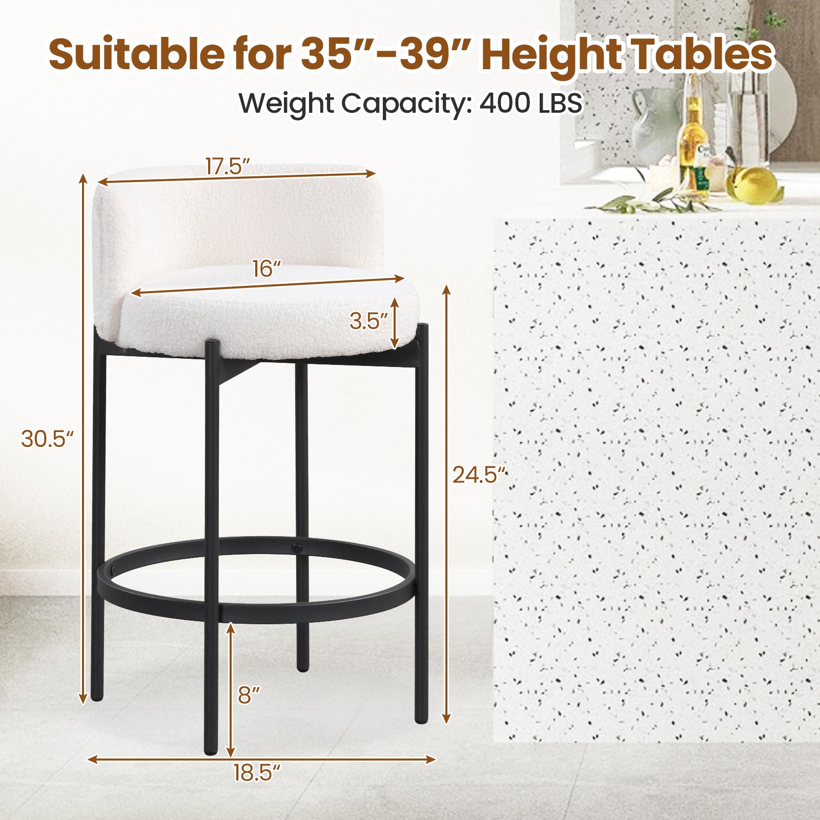 24 Inch Boucle Counter Stools Set of 2 with Curved Backrest