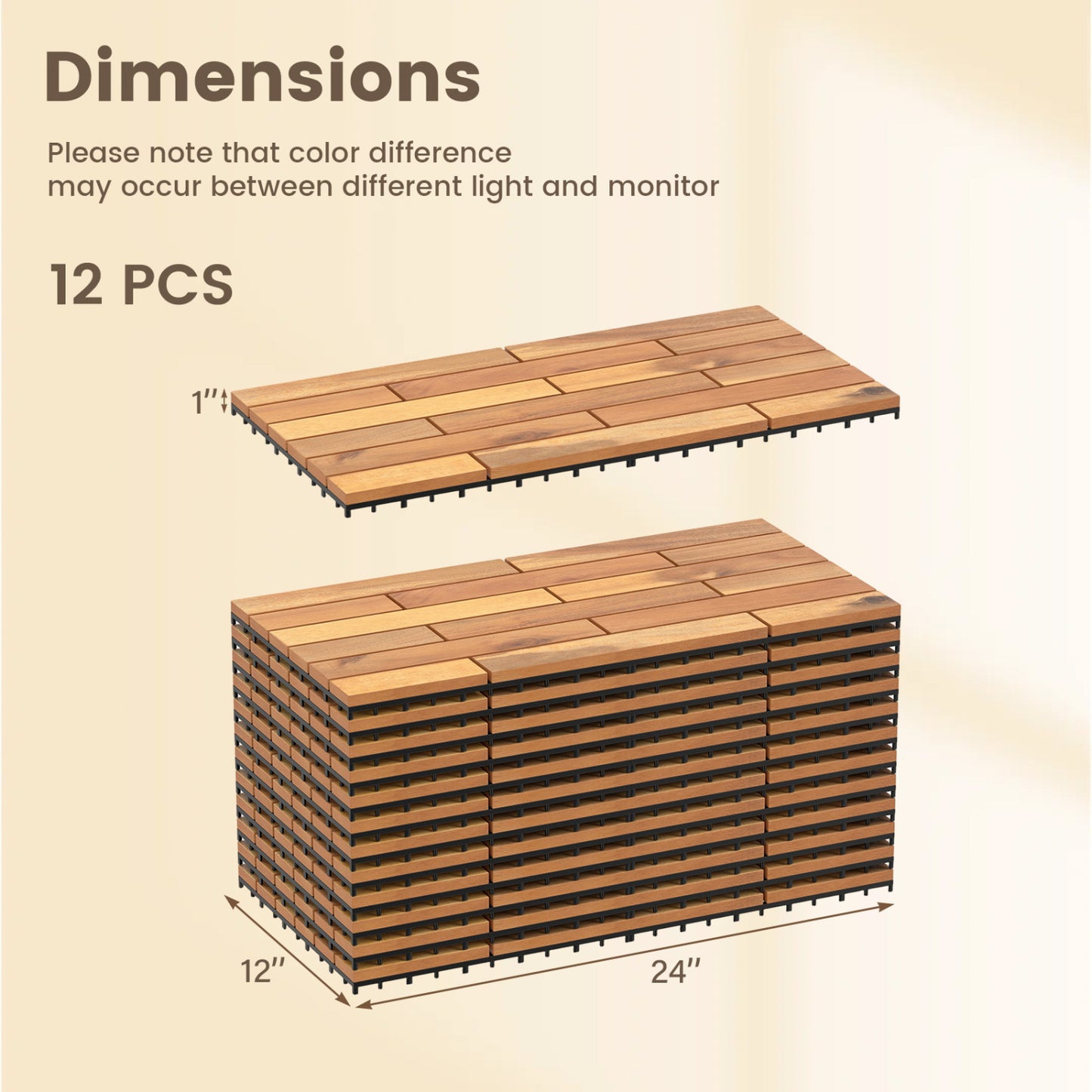 Acacia Wood Interlocking Deck Tiles 24x12 Inch - 36 Pack
