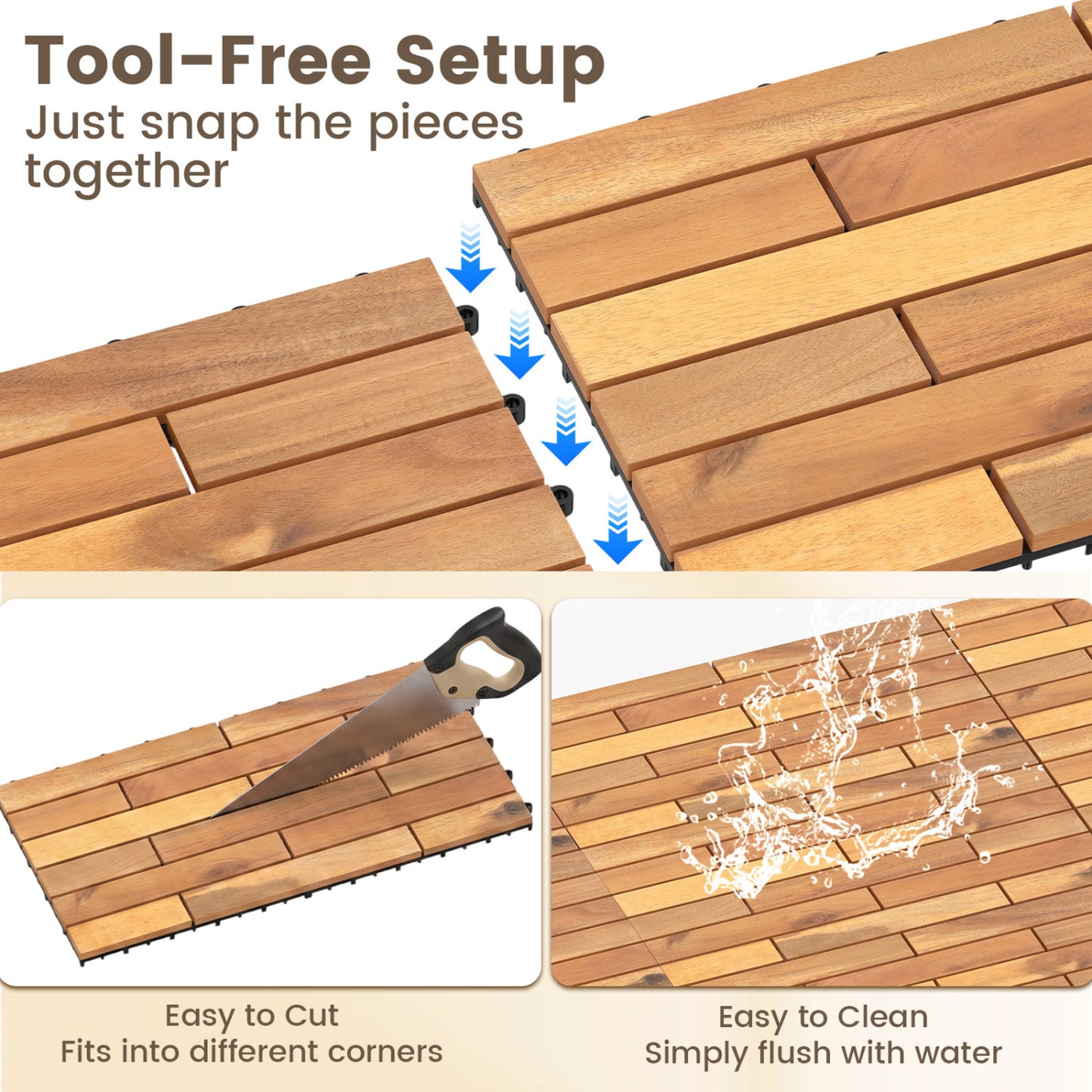 Acacia Wood Interlocking Deck Tiles 24x12 Inch - 48 Pack