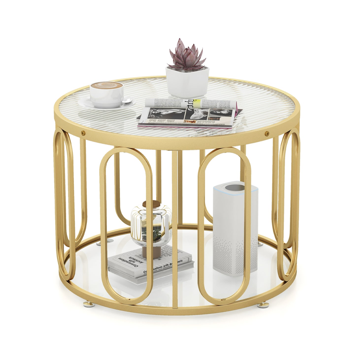 24 Inch Round Coffee Table with Reeded Tempered Glass Top and Oval Swivel Brackets-Golden - Golden