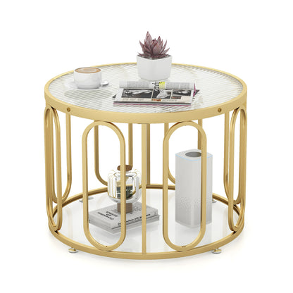 24 Inch Round Coffee Table with Reeded Tempered Glass Top and Oval Swivel Brackets-Golden - Golden