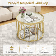 24 Inch Round Coffee Table with Reeded Tempered Glass Top and Oval Swivel Brackets-Golden