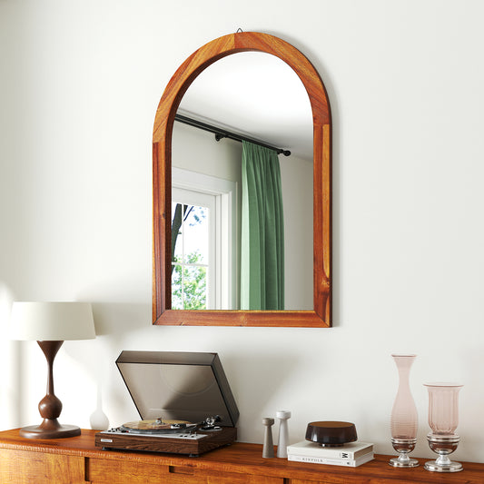 24 Inch x 35 Inch Arched Wall Mirror with Solid Acacia Wood Frame-Brown