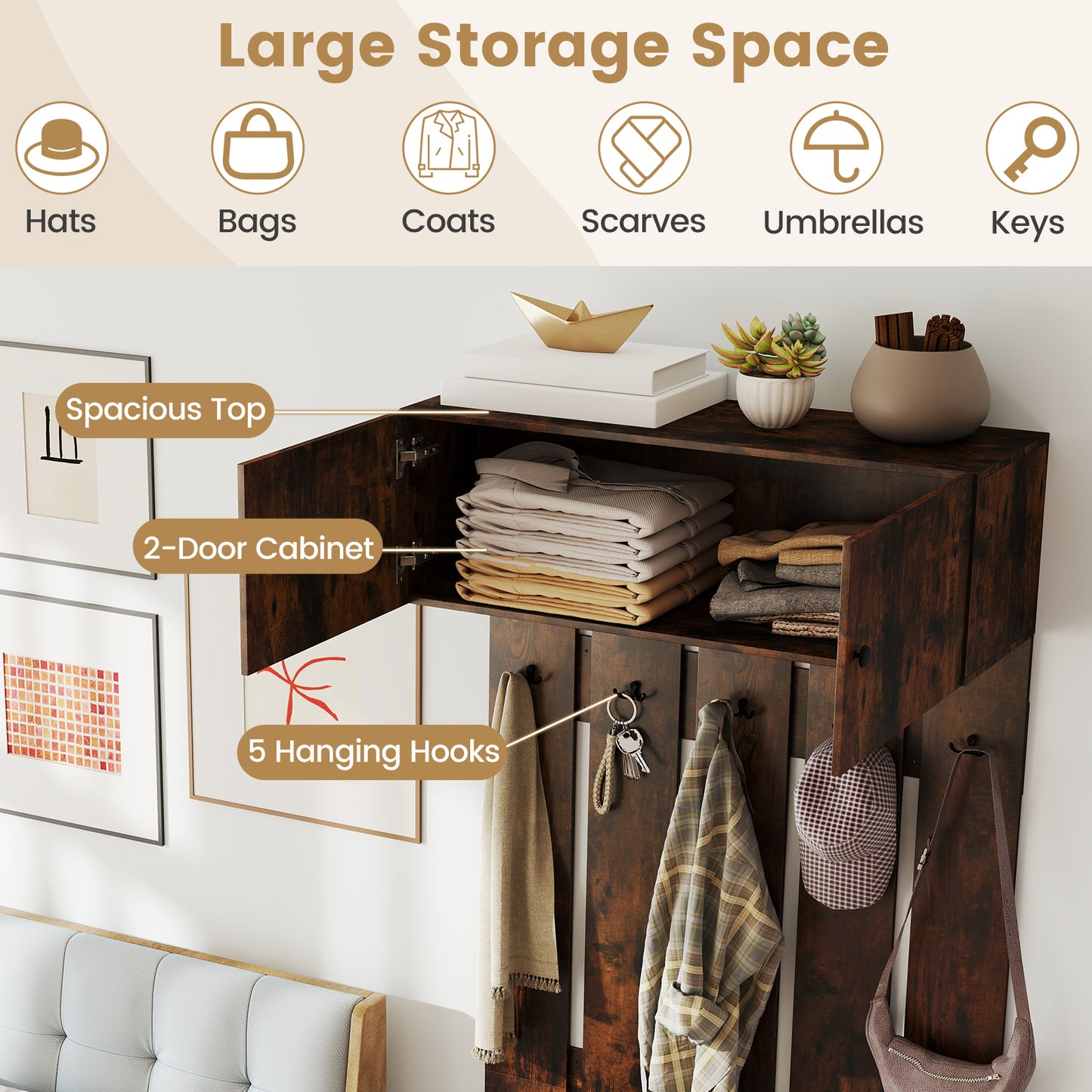 Entryway Wall Coat Rack Wall Mounted Coat Clothes Rack-Rustic Brown