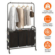3 Bags Laundry Sorter with Garment Hanging Bar Laundry Hamper Rolling Cart Laundry Basket Organizer