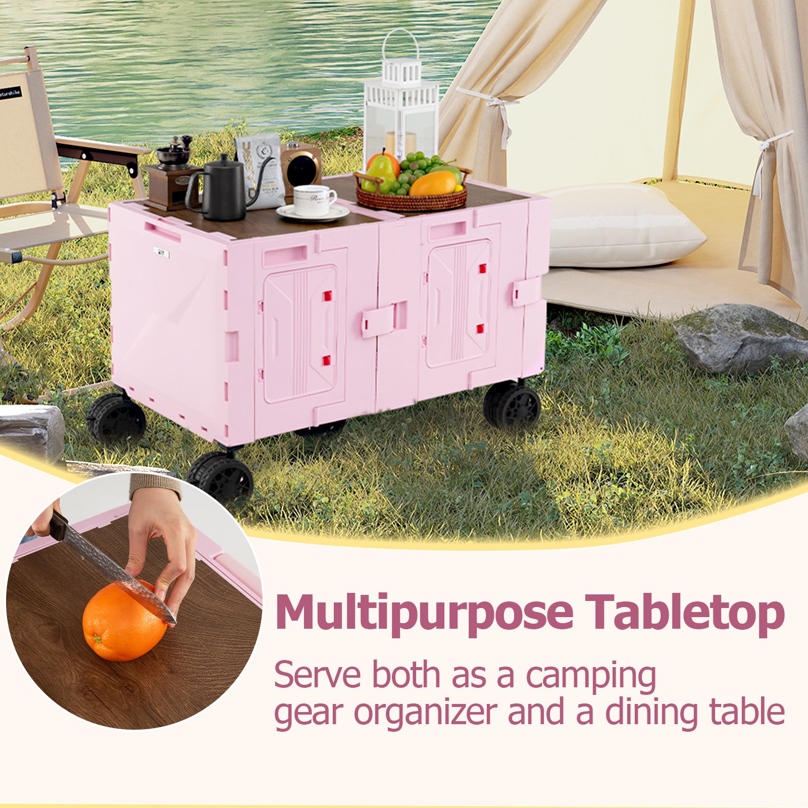 Large Foldable Utility Cart with 2-Tier Storage Crates and Telescoping Handle-Pink