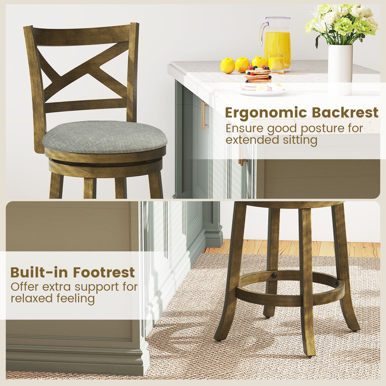 25/30 Inch Swivel Bar Stools Set of 2 with Backrests and Wood Frame-25 inches