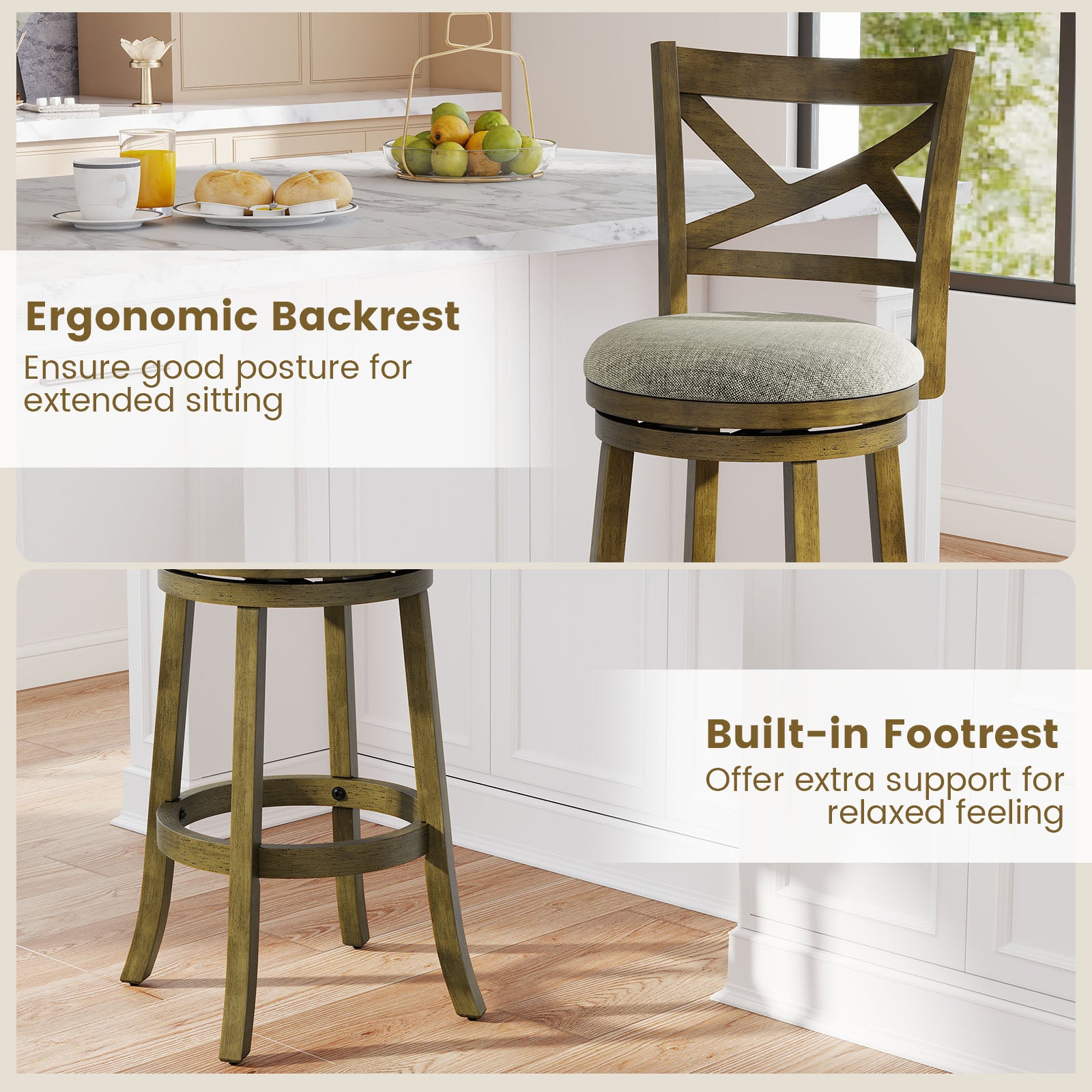 25/30 Inch Swivel Bar Stools Set of 2 with Backrests and Wood Frame-30 inches
