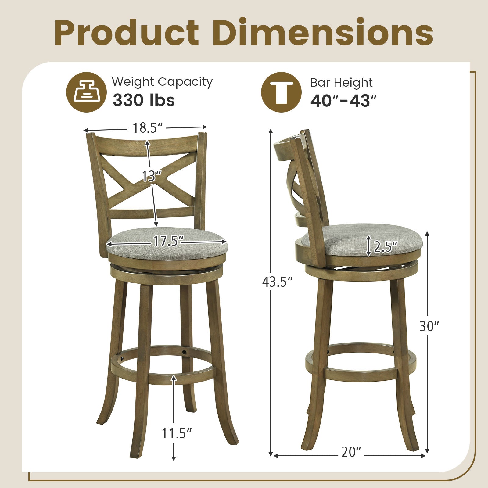 25/30 Inch Swivel Bar Stools Set of 2 with Backrests and Wood Frame-30 inches