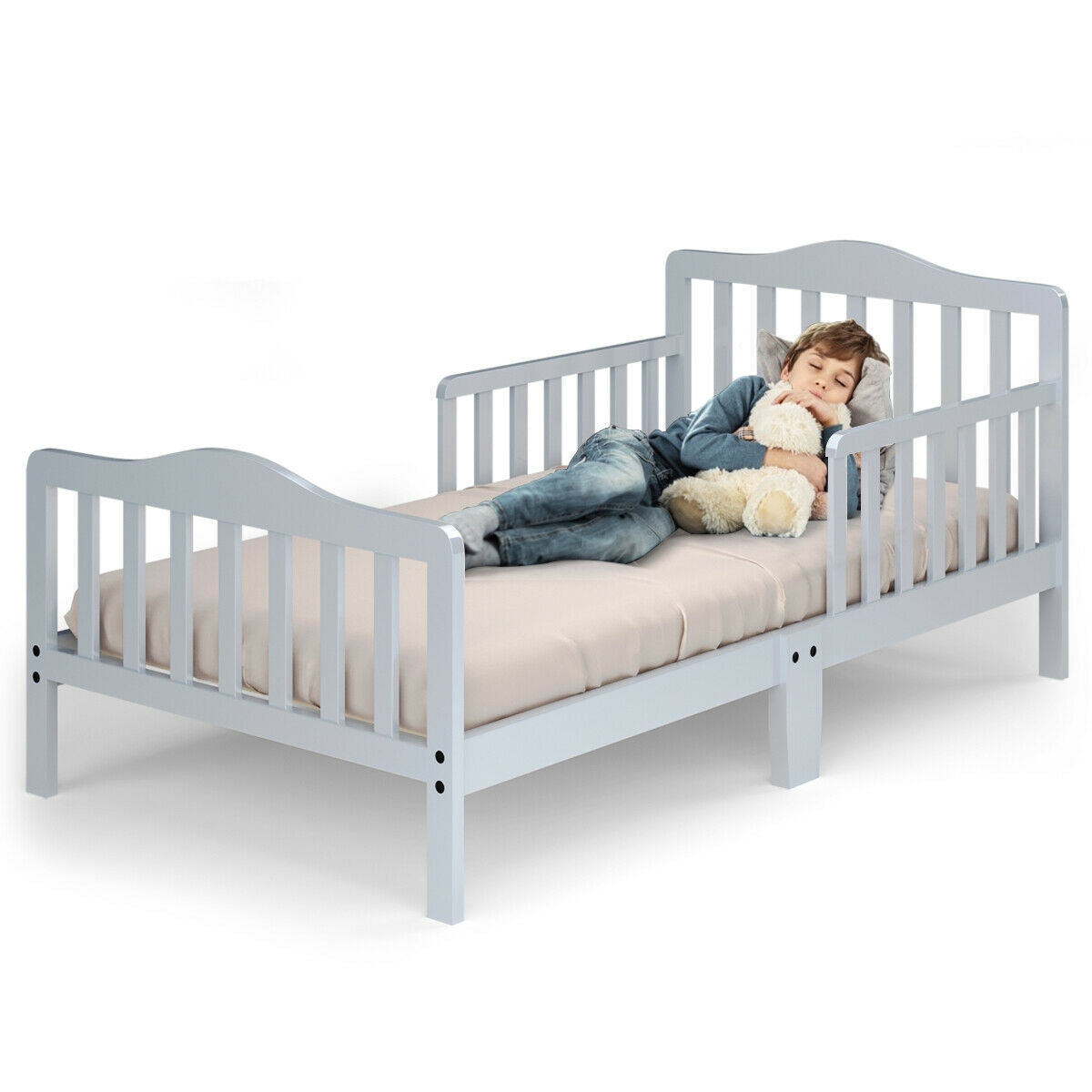 Classic Design Kids Wood Toddler Bed Frame with Two Side Safety Guardrails-Brown - Gray