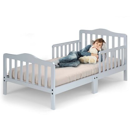 Classic Design Kids Wood Toddler Bed Frame with Two Side Safety Guardrails-Brown - Gray