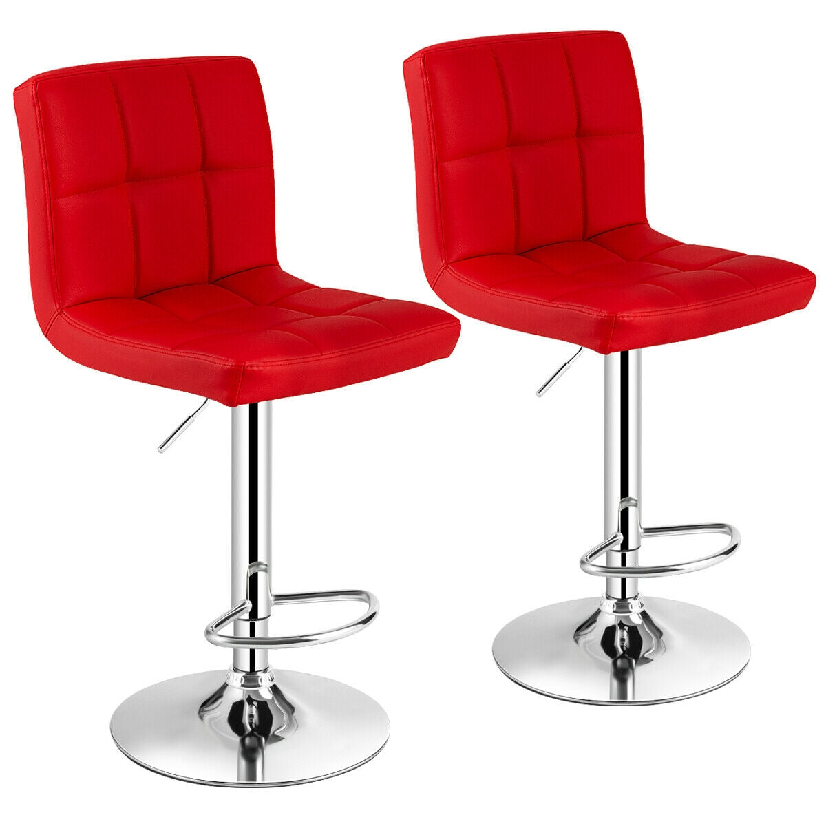Set of 2 Square Swivel Adjustable PU Leather Bar Stools with Back and Footrest-Coffee - Red