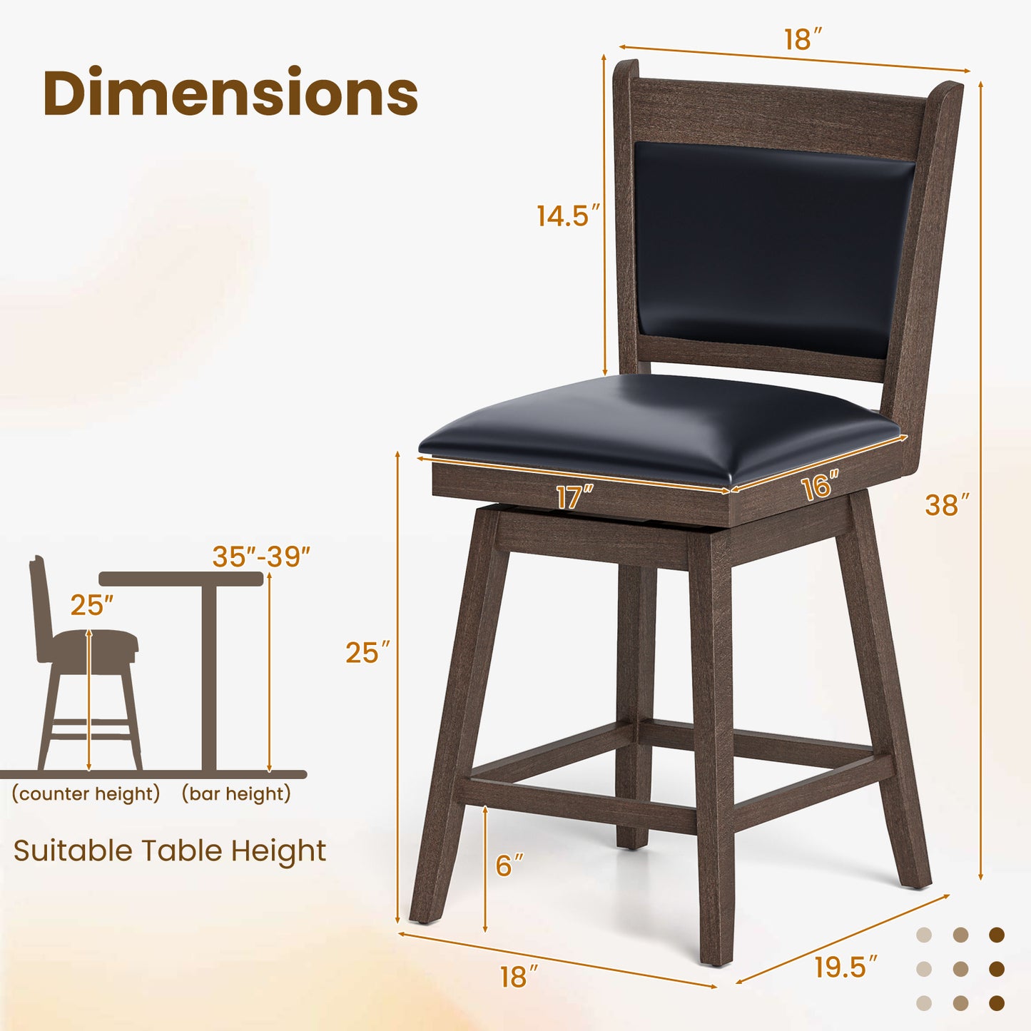 25/29 Inch Padded Bar Stools Set of 2 with Swivel Seat and Footrest-25 Inch