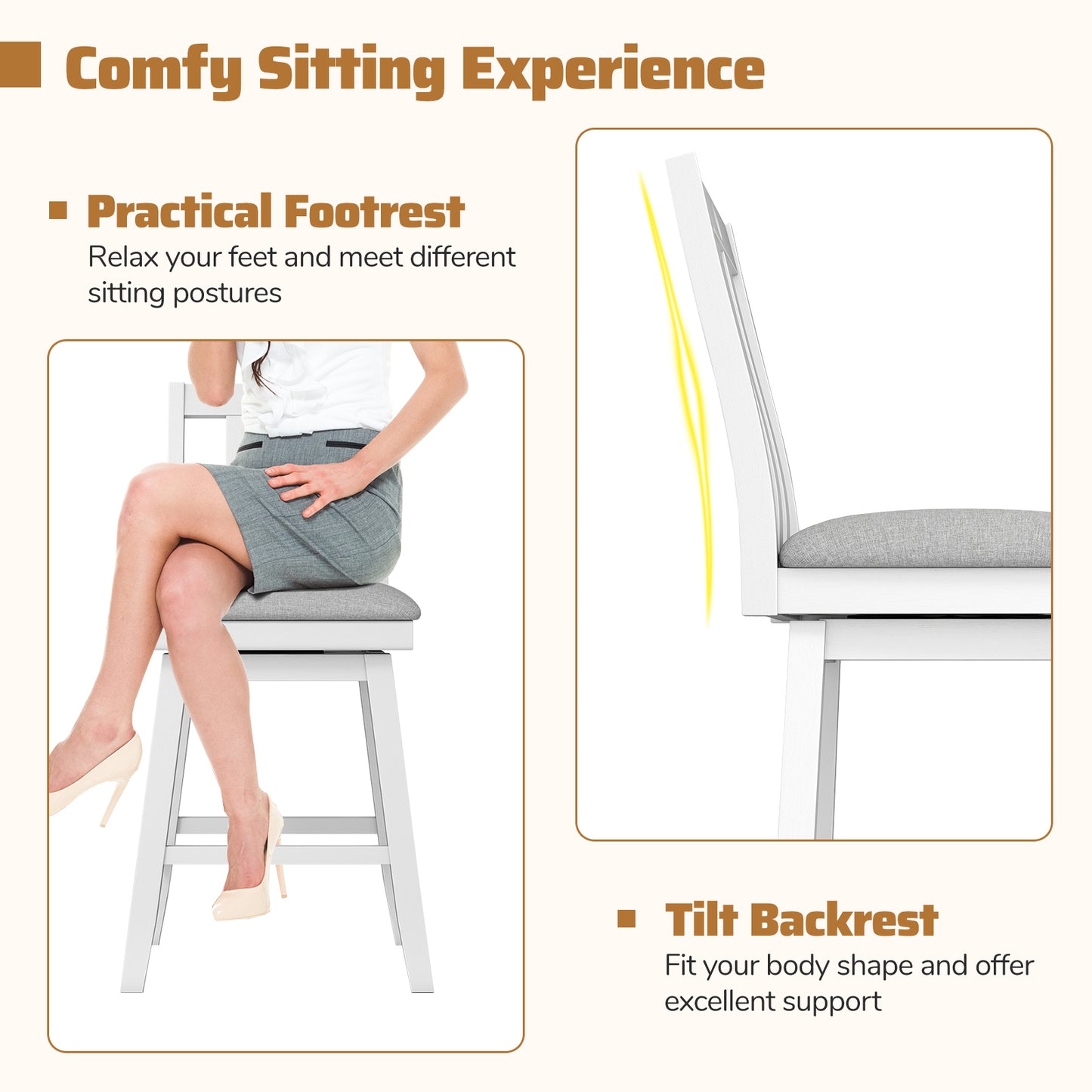 25 Inch Modern Bar Stools Set of 2 with Upholstered and 360¬∞ Rotation Seat-White