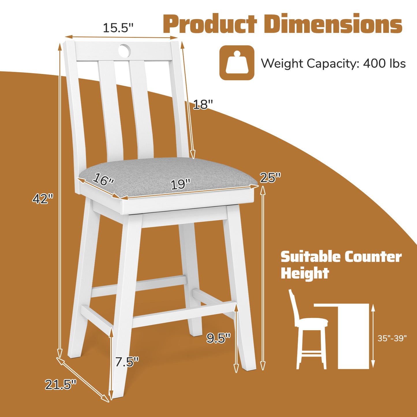 25 Inch Modern Bar Stools Set of 2 with Upholstered and 360¬∞ Rotation Seat-White