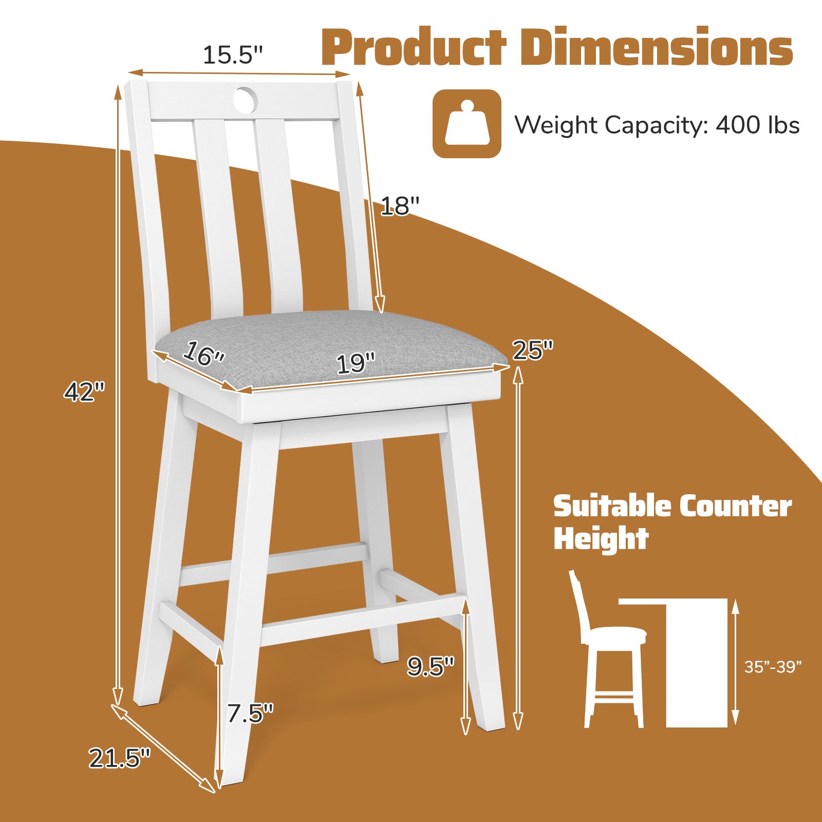 25 Inch Modern Bar Stools Set of 2 with Upholstered and 360¬∞ Rotation Seat-White